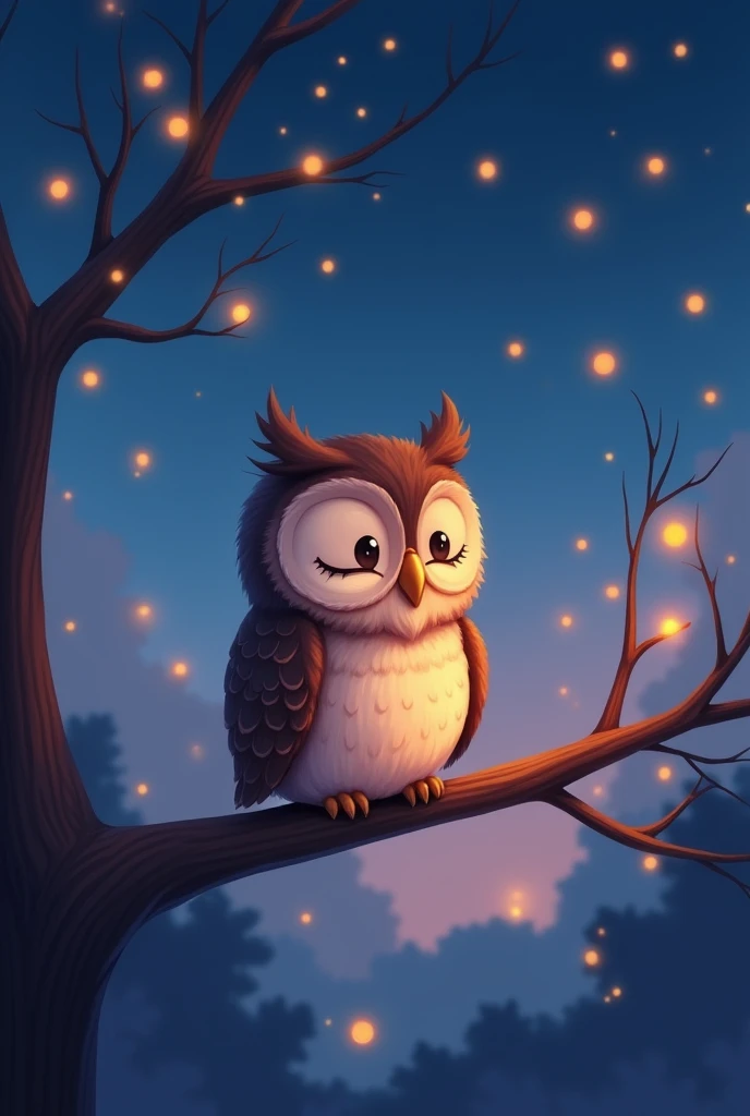 Anime Manga Illustration Style, A cute, kind and wise owl sits on a branch、Surrounded by softly glowing fireflies、Background、A calm twilight sky with deep blue and purple tones。, A simple and cute picture book-like effect with gentle colors