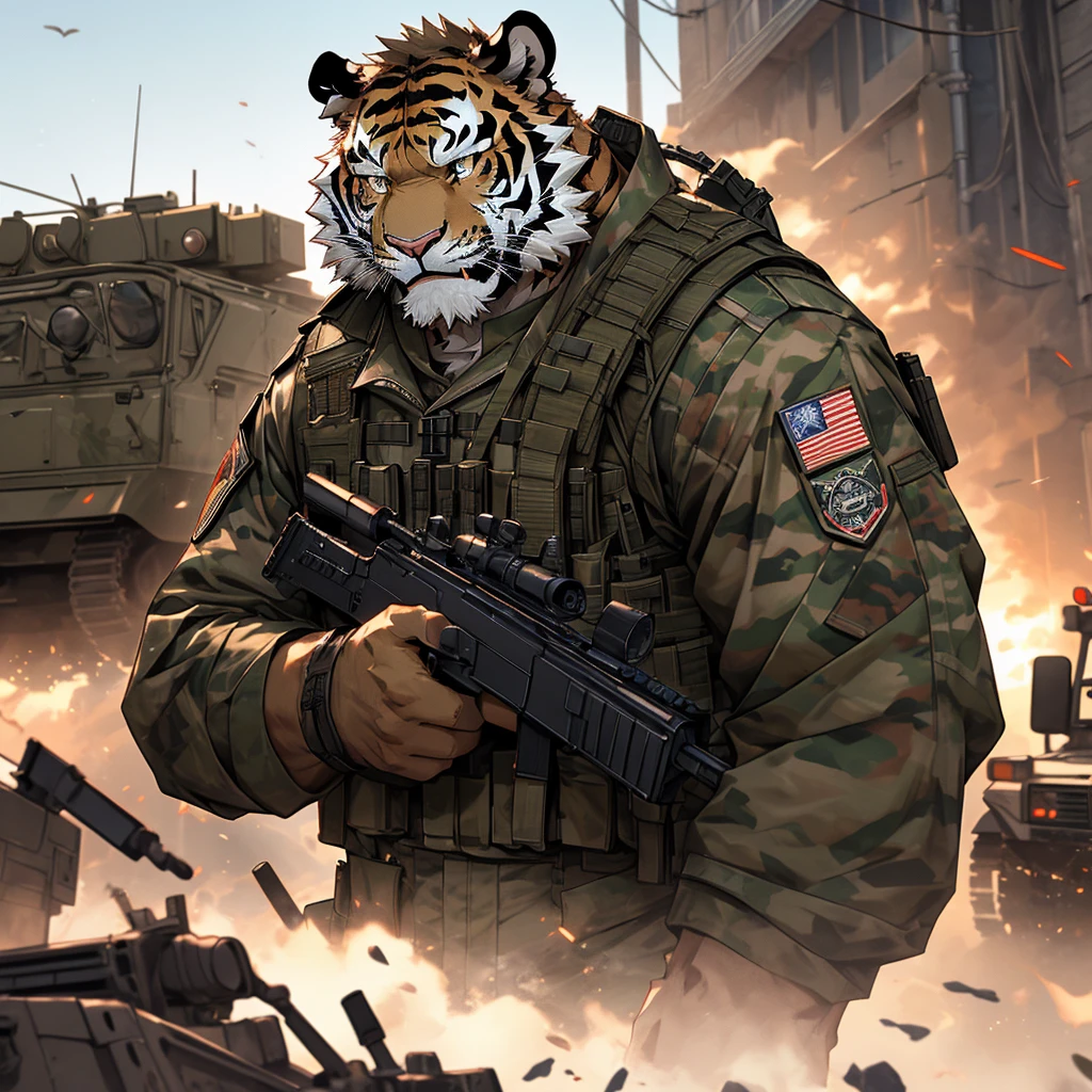 a muscular soldier holding an m4 rifle, military base, highly detailed, 8k, unreal engine, realistic lighting, military uniform, tactical gear, assault rifle, outdoor military base, barbed wire, military vehicles, military equipment, Camouflage, gritty, heroic pose, intense expression, photorealistic, cinematic composition, dramatic lighting holding an assault rifle，Alert Tiger