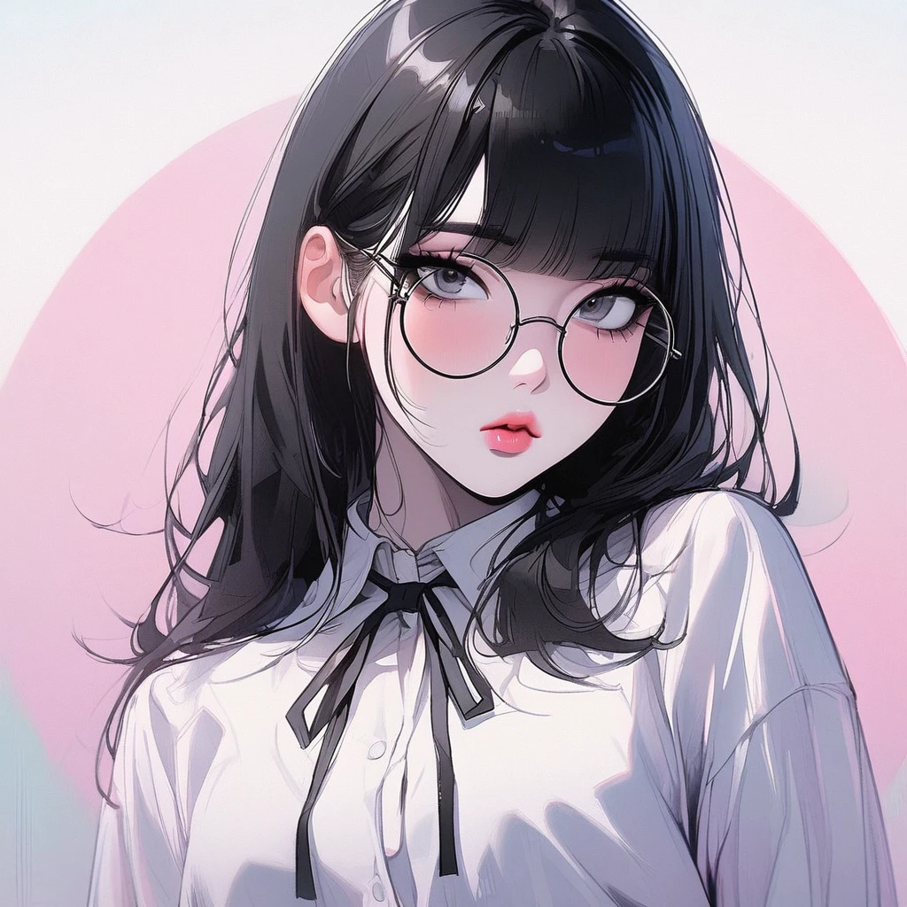 Girl, black hair, black eyes, beautiful, white shirt and back tie, pastel colors, face close-up, lipgloss, big round glasses, korean, submissive, straight bangs, pink cheeks, sexy, professional, smart, beautiful, ethereal, squinted eyes, solo