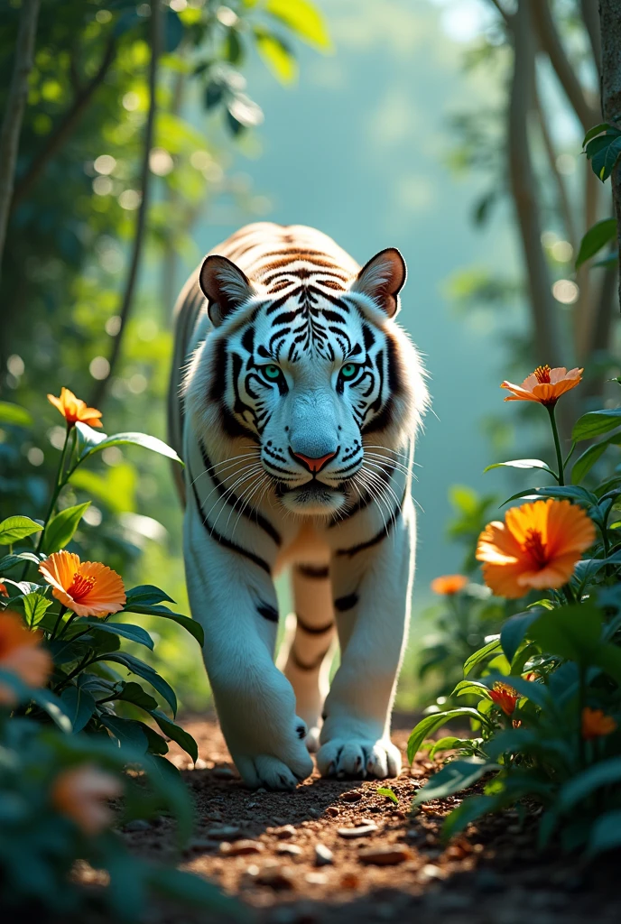 Albino tiger with turquoise stripes