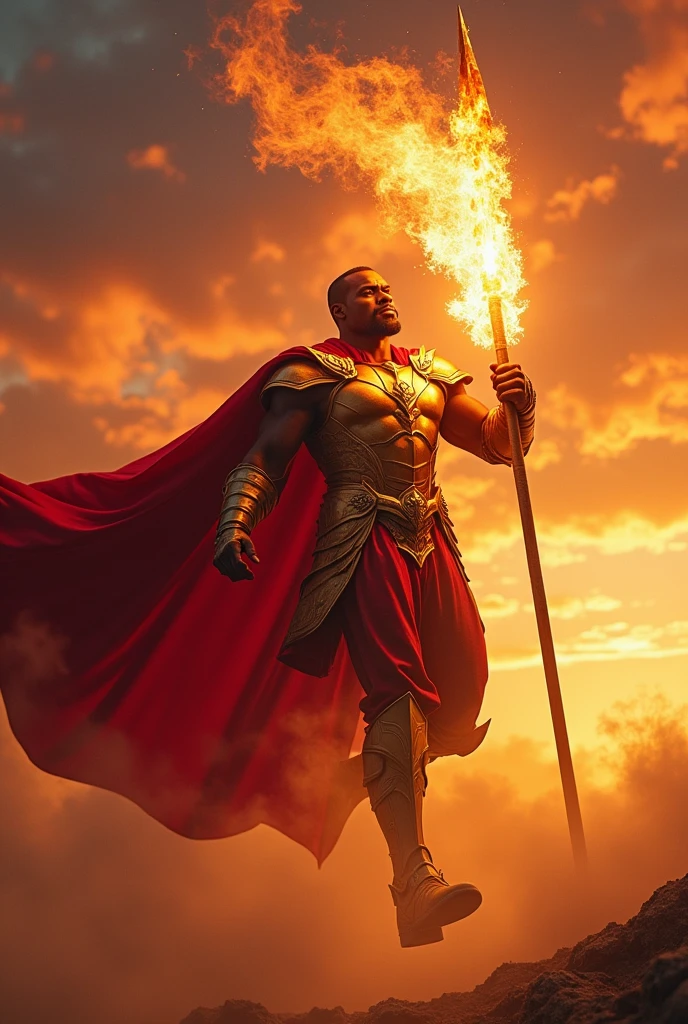 Black man. With fire powers. Wearing a golden armor. With a red cape. Hold a giant fire spear. Floating. Fully clothed