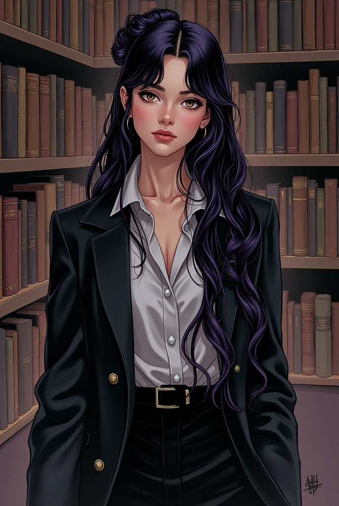 20 year old woman she has long and very dark hair, with a few purple lighting points. Eyes in a dark brown shade, she usually has a loose bun, wear clothes in neutral colors (usually makes a play with black and gray and white details, It has a kind of dark academia style, dc comics art style