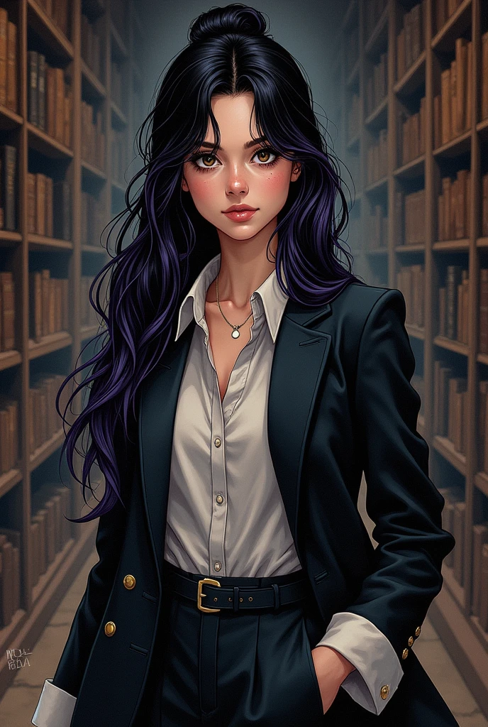20 year old woman she has long and very dark hair, with a few purple lighting points. Eyes in a dark brown shade, she usually has a loose bun, wear clothes in neutral colors (usually makes a play with black and gray and white details, It has a kind of dark academia style, dc comics art style