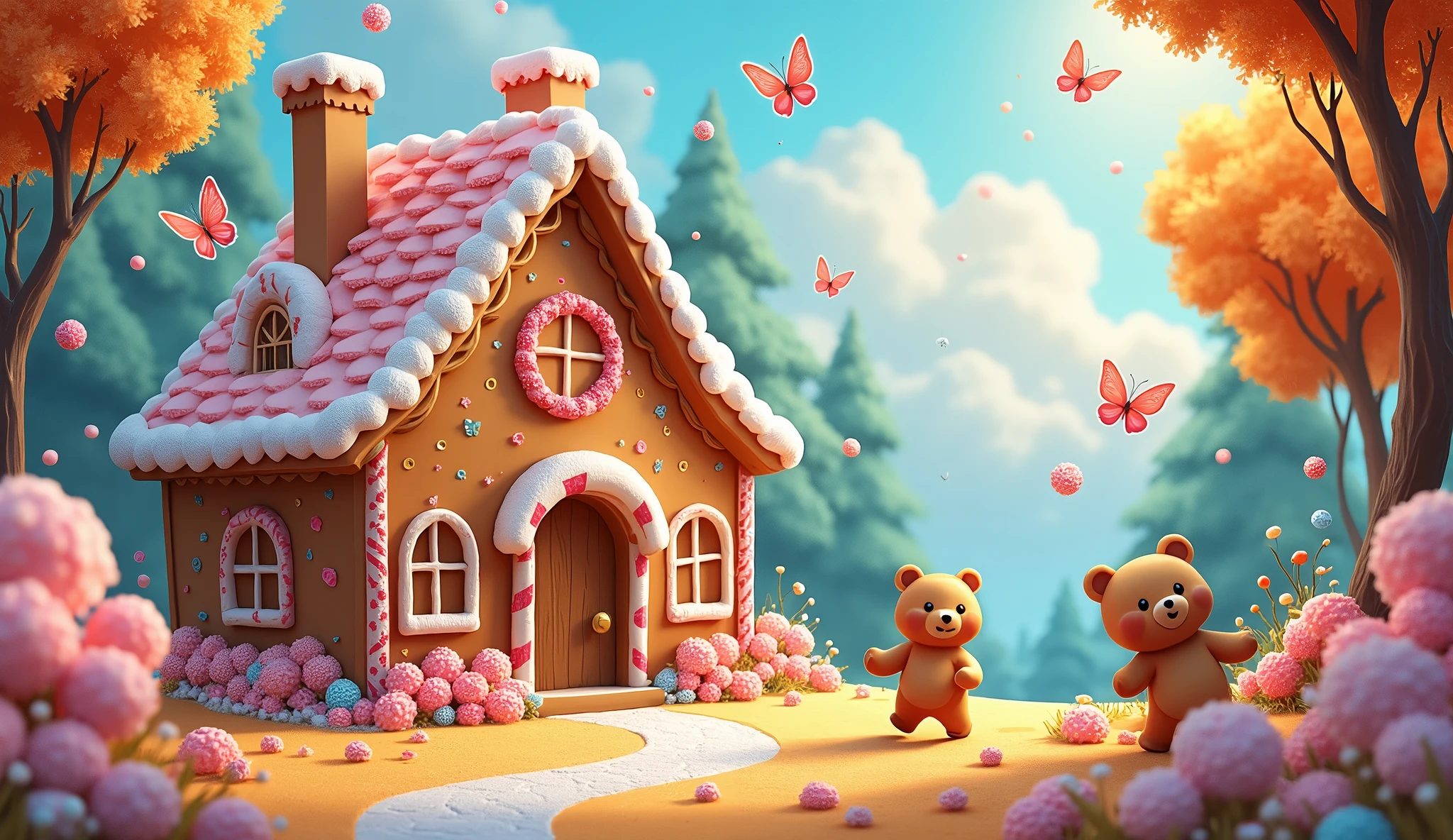 candy house in middle of the forest, gingerbread, sweet house, candy world, marshmallow , Cute bears playing,Pretty butterflies are flying,generative by AI