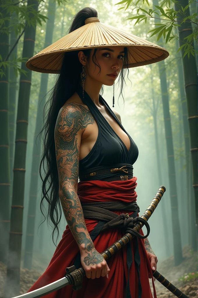 Samurai woman with a straw hat full body tattoo