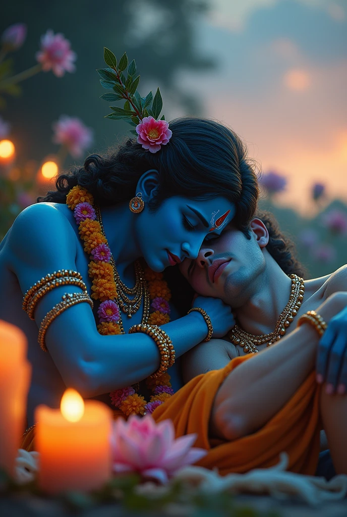 Create a image of a sad man who sleeps in lap of loard Krishna