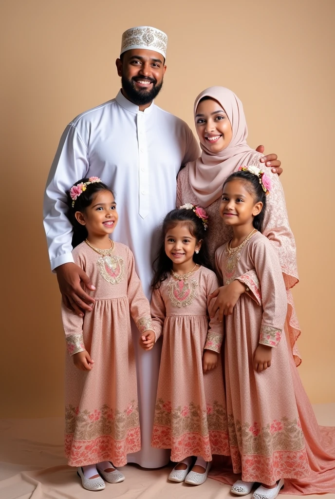 Muslim family studio photo father mother 2 daughters 1 son
