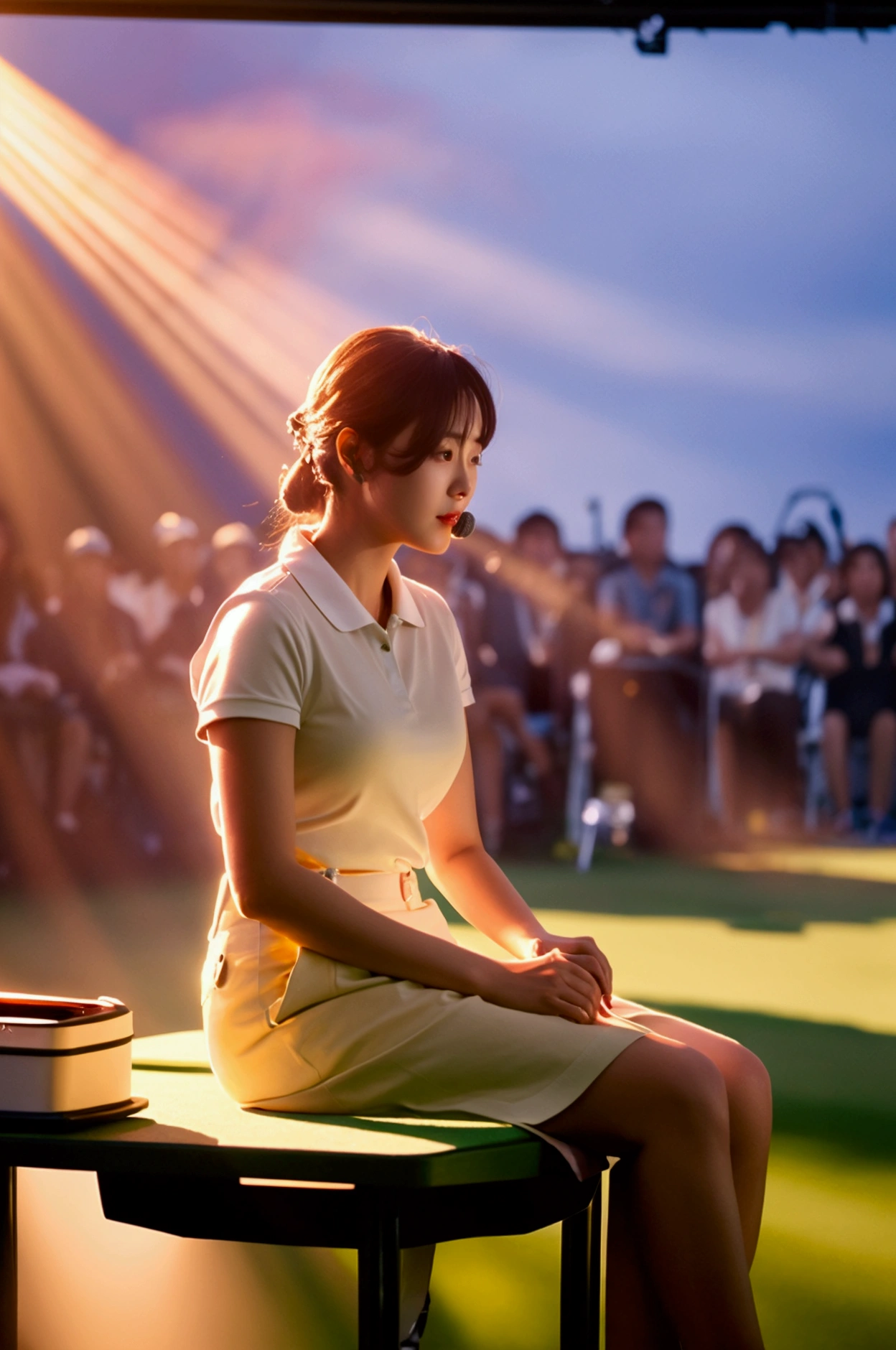 (((Photorealistic、Realistic)))Woman sitting at a desk in front of a microphone, Golf course, Bright atmosphere,