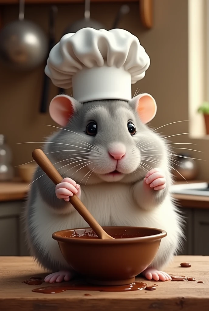 Hamster with very large and messy white and gray fur wearing a chef&#39;s hat stirring chocolate with a wooden spoon 