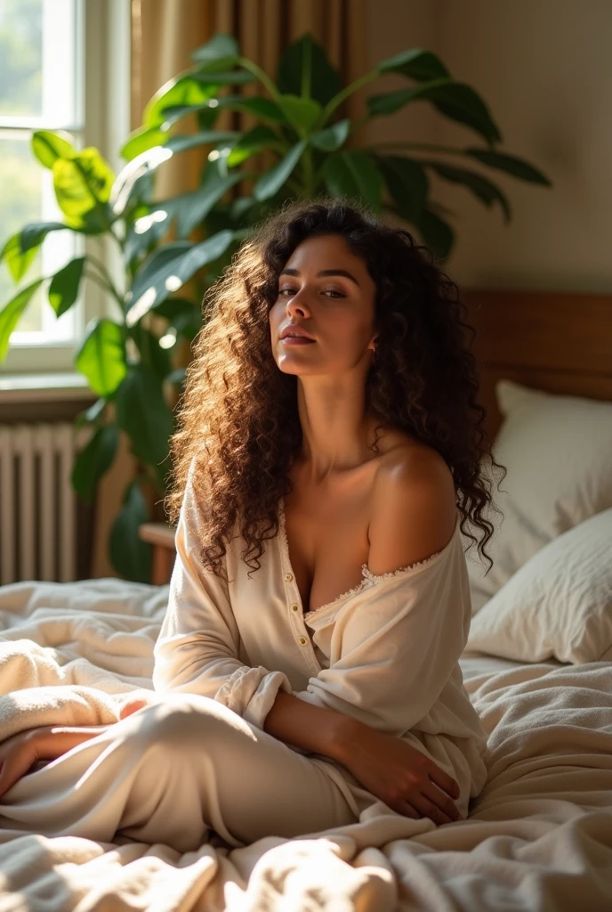 (photorealism:1.2), beautiful woman, sitting on bed, wearing loose off-shoulder top, pajama pants, long curly hair, indoors, soft lighting, plants in background, window with sunlight, cozy room, relaxed pose, realistic, intricate details, warm colors, ?????????? 