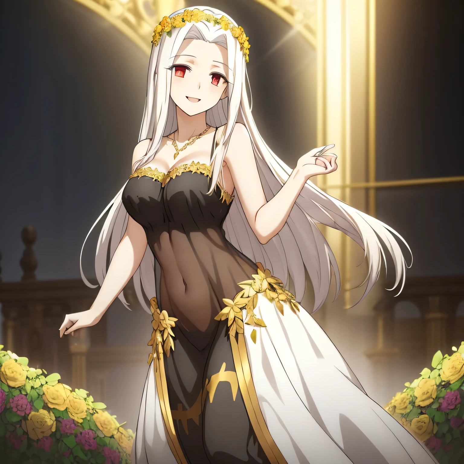 Irisviel,black with gold dress sleeveless of wedding,solo,beautiful laughs,arm at side,middle size of breast,beautiful necklace,matching remix,revealing dress,in beautiful garden,happy smile, Irisviel carrying flowers on her hand,,golden wreath,Shining breasts,beautiful breasts,half sheer dress 