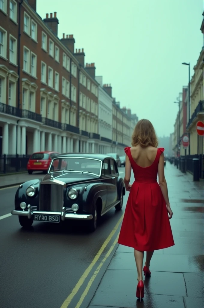 Cool-toned photo of a vintage car on the streets of London with a cloudy sky, the street almost empty and a woman in an elegant red dress with dropped shoulders and back covered with the knee-length dress passing by her in the opposite direction 
