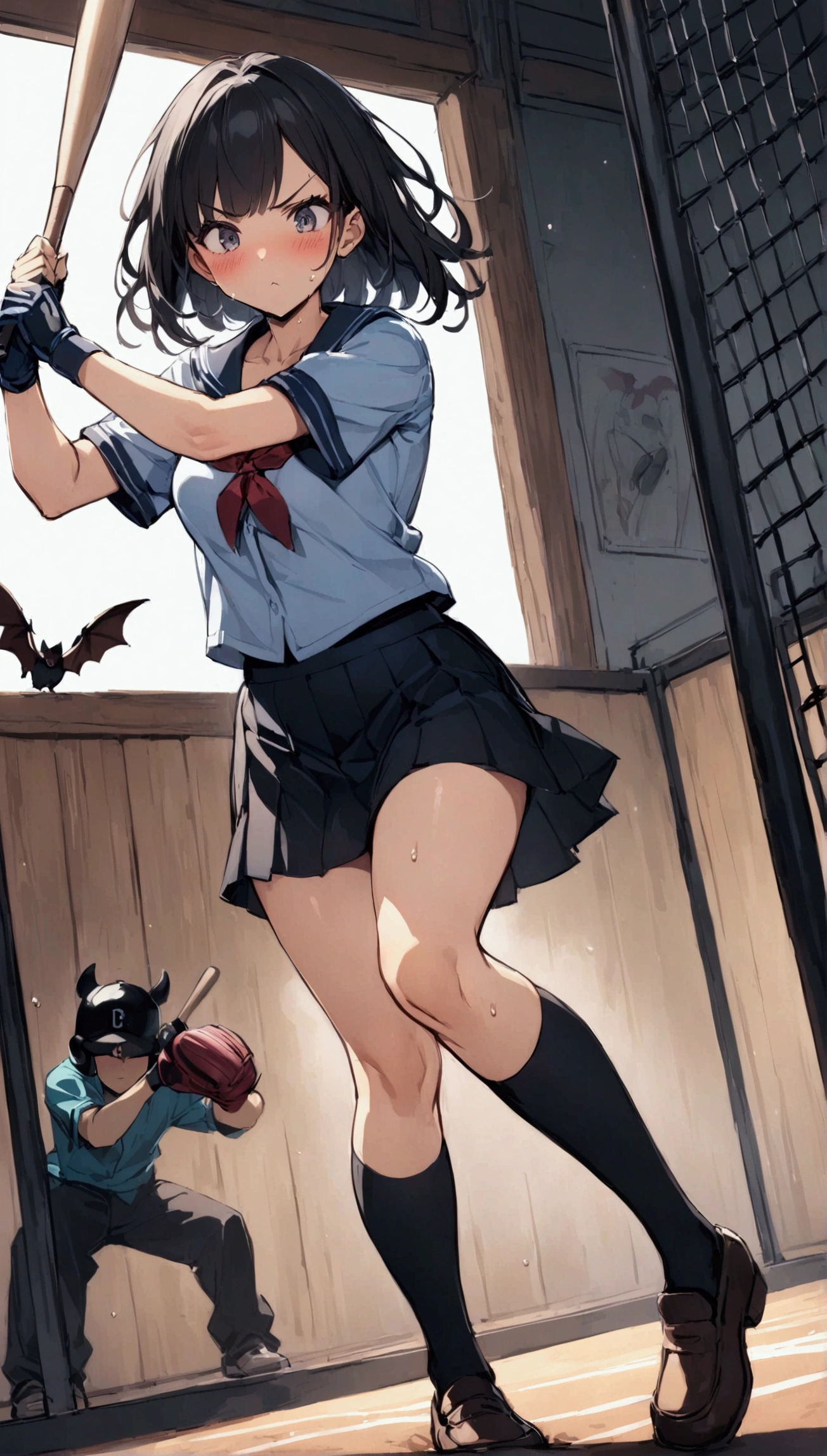 {{アクション}},JK,1girl, solo, {{swing a baseball bat:1.8}},Baseball bat,swing,twist,{{masterpiece}}, {{{Highest quality}}},{{Very detailed}},full body, dutch angle,Dynamic composition, A high school girl is swinging and missing at a batting cage,school uniform,mini skirt,Short sleeve blouse　clavicle　Knee-high socks　 Speed Line　Motion Lines　,Batting Center,Bat,Sweat,Bad mood, be flustered,,{{v-shaped eyebrows}},Bad mood,blush,Sweat,raise one's eyebrows　,Black Hair,batting glove　,loafers,Indoor batting center,sidelong glance