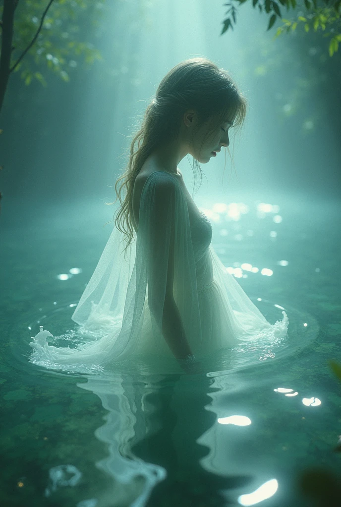 a spectral girl, 18 years, with a (Translucent appearance:1.3), Its barely tangible form, with a soft glow emanating from her gentle contours, The environment is subtly distorted through its ethereal presence., Creating a dreamlike atmosphere