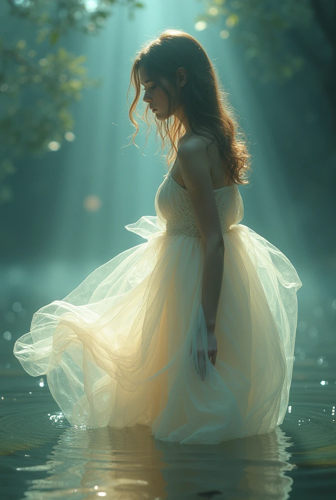 a spectral girl, 18 years, with a (Translucent appearance:1.3), Its barely tangible form, with a soft glow emanating from her gentle contours, The environment is subtly distorted through its ethereal presence., Creating a dreamlike atmosphere