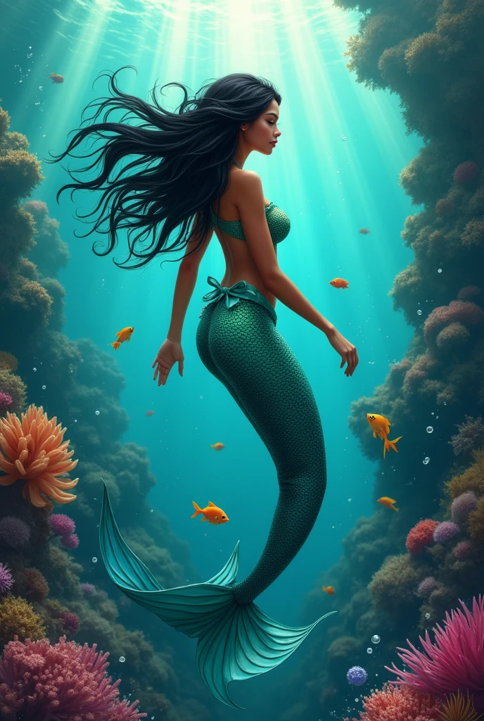 Mermaid with dark skin and black hair