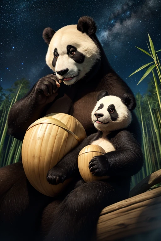 best quality, high quality, ultra quality, 8k, masterpiece, detailed, extremely detailed, insanely detailed, ultra detailed, ultra highres ,exquisite, lifelike Images,cinematic experience,UHD picture,Realistic,photorealistic,hyperrealistic,vivid,RAW photo,shot by DSLR, Starry night sky, stars in the sky, Giant pandas eating bamboo, night sky, giant pandas,
