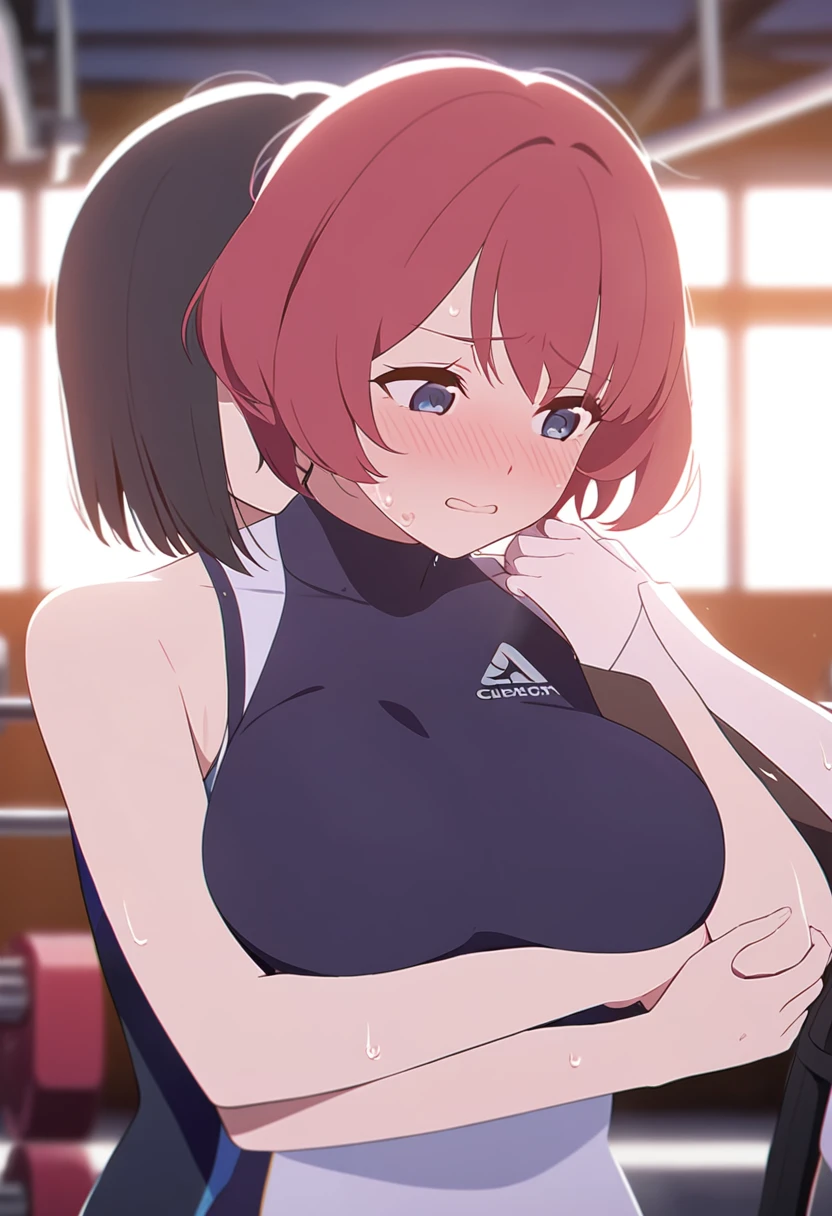 Young girl training in the gym, she is sweating, short red hair and blue eyes, big breasts, embarrassed face, upper-half body, getting hugged from behind by an unknown woman, the unknown woman has her hands touch the other woman's breasts