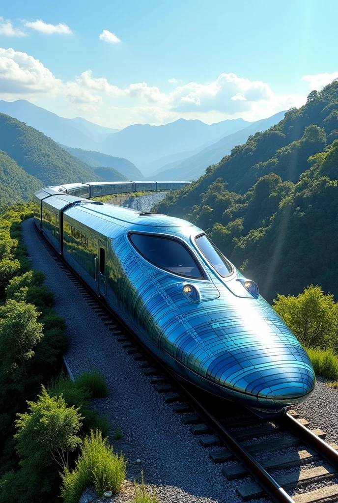 A train with a design of horizontal and vertical lines in blue and dark gray that can cross the train reminiscent of the Panama Canal 