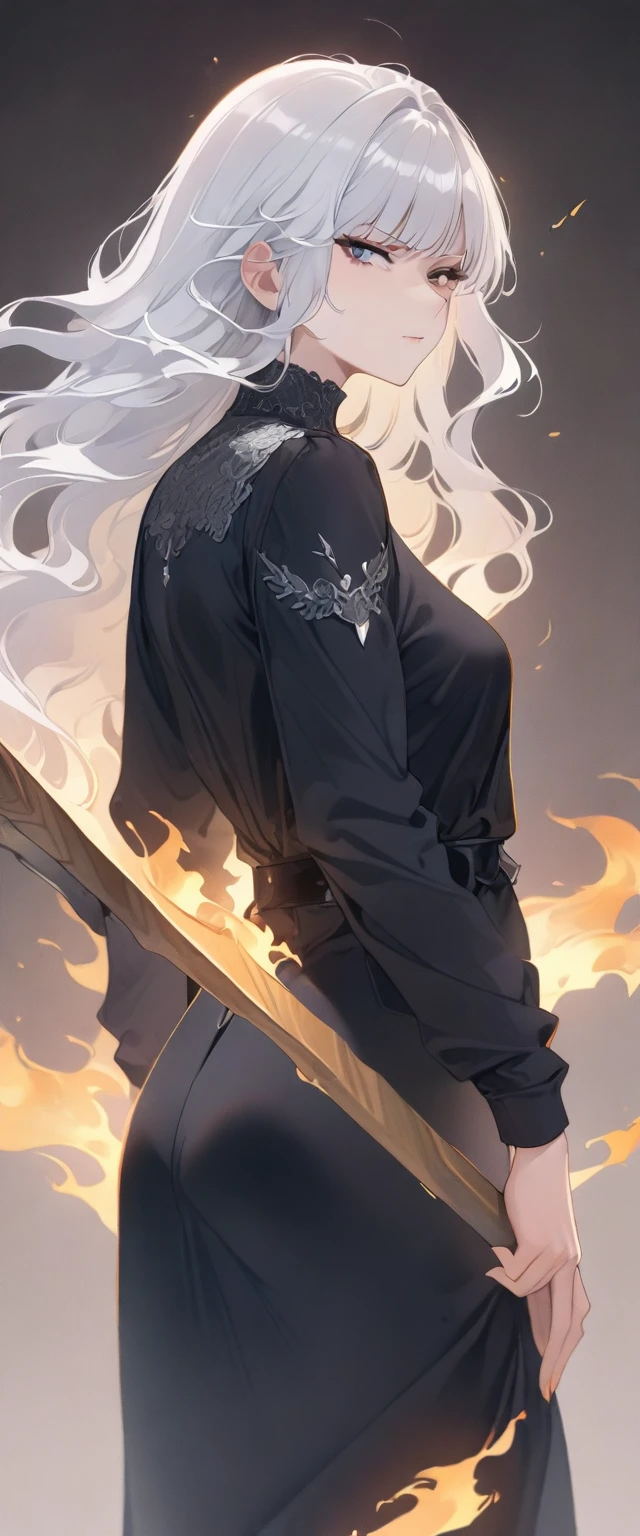 (Very detailed, 8k, Highest quality, Super detailed, masterpiece), One Girl、Sister、Holding a scythe in one hand、Turn around and look at this、Smoke and flames rising in the background、Hair is fluttering in the wind、Glaring sharply