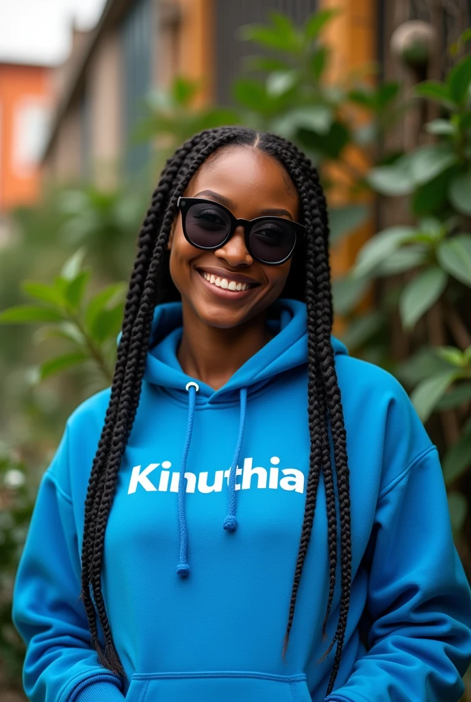 (photorealism:1.2), beautiful black African woman,22 years,sharp , smiling wearing a fitting blue hoodie written "Kinuthia",long braids, black oversized photo chromatic glasses, standing , plants in background cardi B inspiration