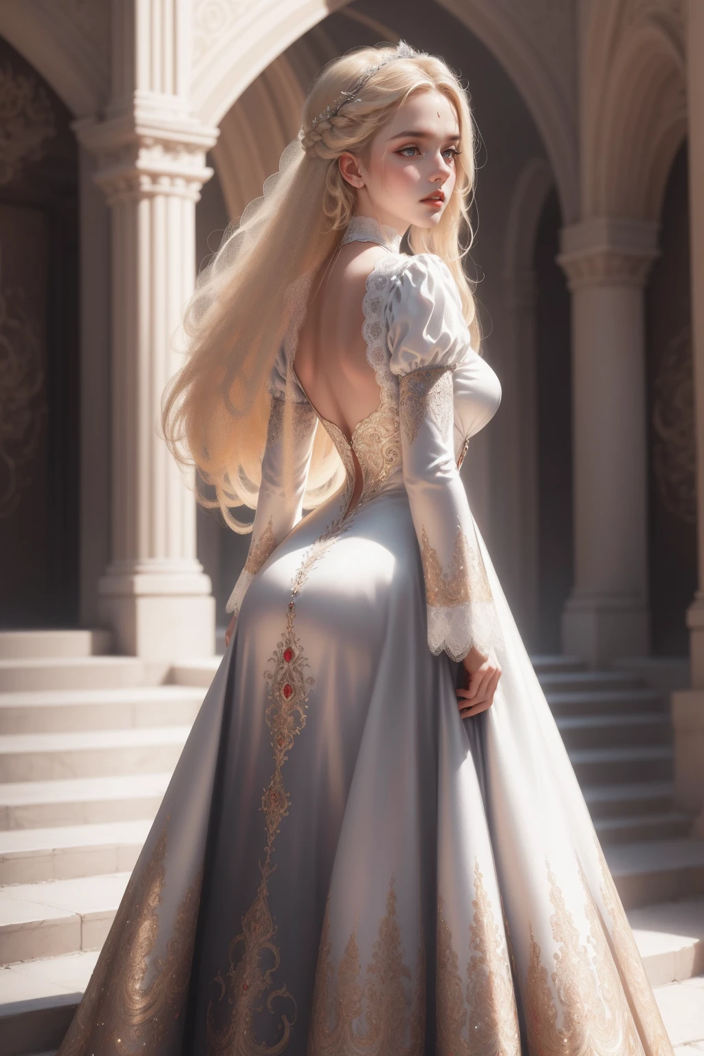 (Masterpiece - Ultra-detailed, very high resolution) Prepare to be enchanted by a true masterpiece that combines ultra-detailed art with high-resolution rendering. This work depicts a mesmerizing woman with very long blond hair (1.3) and captivating gray eyes (1.2), emanating an aura of elegance and mystery in Victorian settings. The intricate details and realistic textures invite you to explore every aspect of this enchanting composition. Woman wearing beautiful classic Victorian costume from the year 1878. Red lips. Happy face. Smiling. white (white) dress. Walking, backwads, looking back, dynamic poses. Get ready to dive into a world where beauty and craftsmanship merge perfectly.
