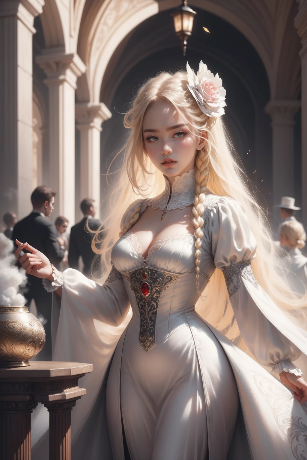 (Masterpiece - Ultra-detailed, very high resolution) Prepare to be enchanted by a true masterpiece that combines ultra-detailed art with high-resolution rendering. This work depicts a mesmerizing woman with very long blond hair (1.3) and captivating gray eyes (1.2), emanating an aura of elegance and mystery in Victorian settings. The intricate details and realistic textures invite you to explore every aspect of this enchanting composition. Woman wearing beautiful classic Victorian costume from the year 1878. Red lips. Happy face. Smiling. white (white) dress. Walking, backwads, looking back, dynamic poses. Get ready to dive into a world where beauty and craftsmanship merge perfectly.
