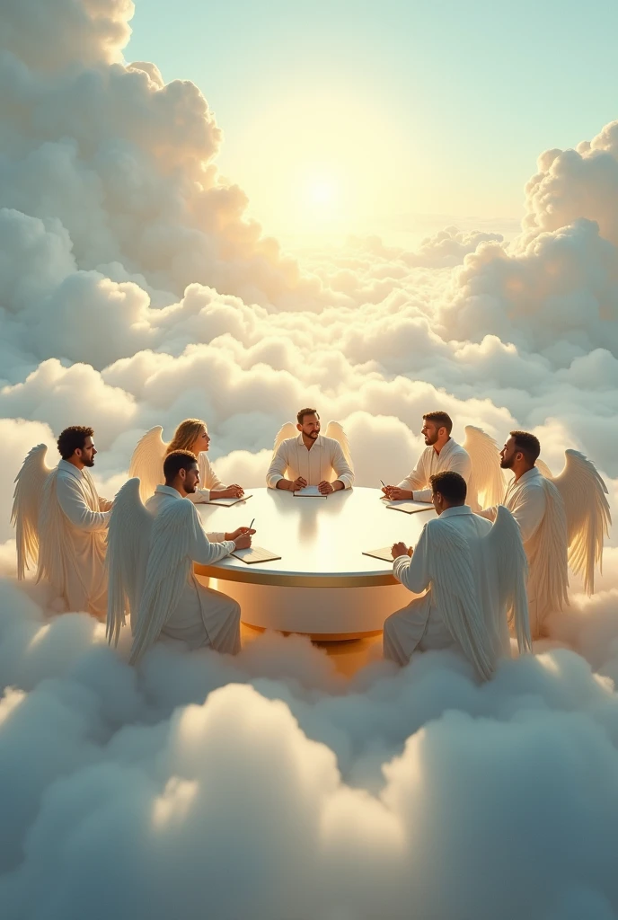 The ground is covered with a sea of clouds, making it a heavenly place.。
Overall white and bright。
In the middle is a smart cylindrical desk.、
men and women、Seven angels standing！！Surrounding the desk。
The warriors are having a meeting。
People listening with a serious look on their face、Some people are talking。
Illustrations taken at a distance where the facial features are clearly visible。