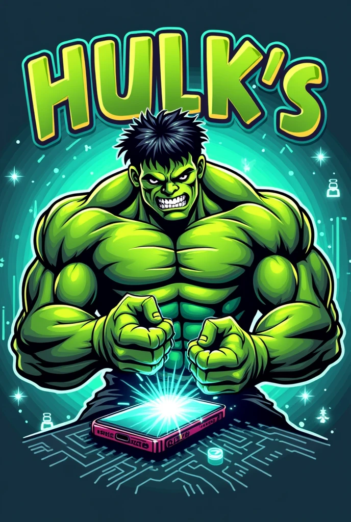 Create a logo where Hulk fixes cell phones
