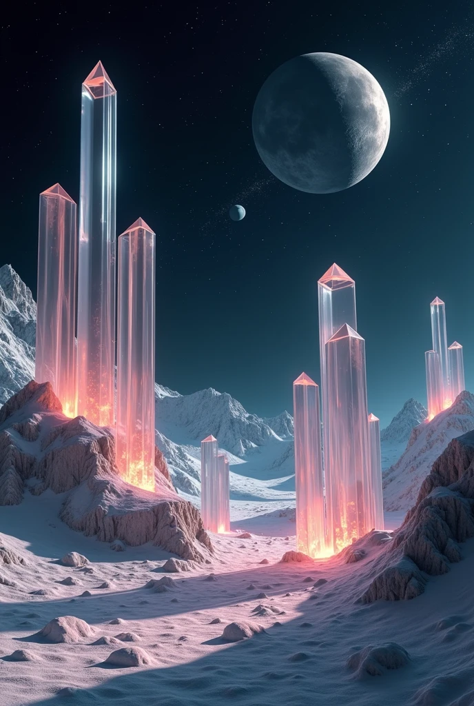 A mountainous landscape with grid texture, the grid is with white lines on total black. there are a lot floating geometrical transparent crystalss from glass scattered around and levitating above ground. It's night and the sky is pitch black full of stars and planets. Photography, Photorealistic, realism, extreme detail, high quality, sharp details, 4k hdr, volumetric lighting, extreme quality, masterpiece 
