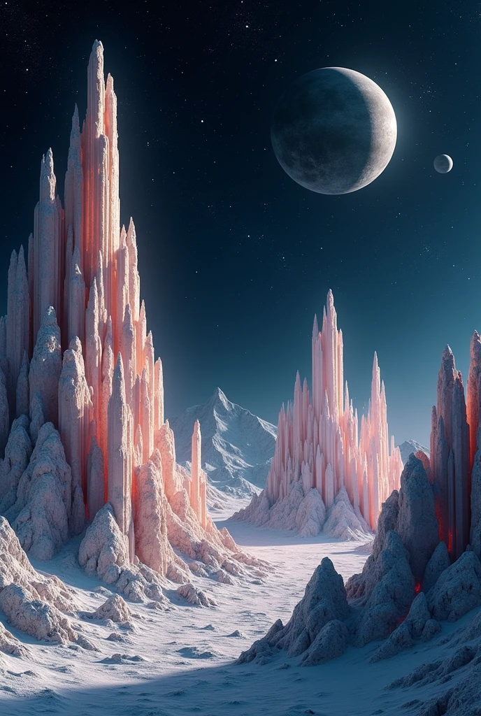 A mountainous landscape with grid texture, the grid is with white lines on total black. there are a lot floating geometrical transparent crystalss from glass scattered around and levitating above ground. It's night and the sky is pitch black full of stars and planets. Photography, Photorealistic, realism, extreme detail, high quality, sharp details, 4k hdr, volumetric lighting, extreme quality, masterpiece