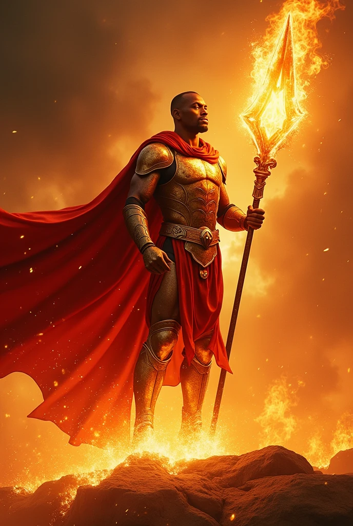 Black man. With fire powers. Wearing a golden armor. With a red cape. Hold a giant fire spear. Floating. Fully clothed. Black under garmet