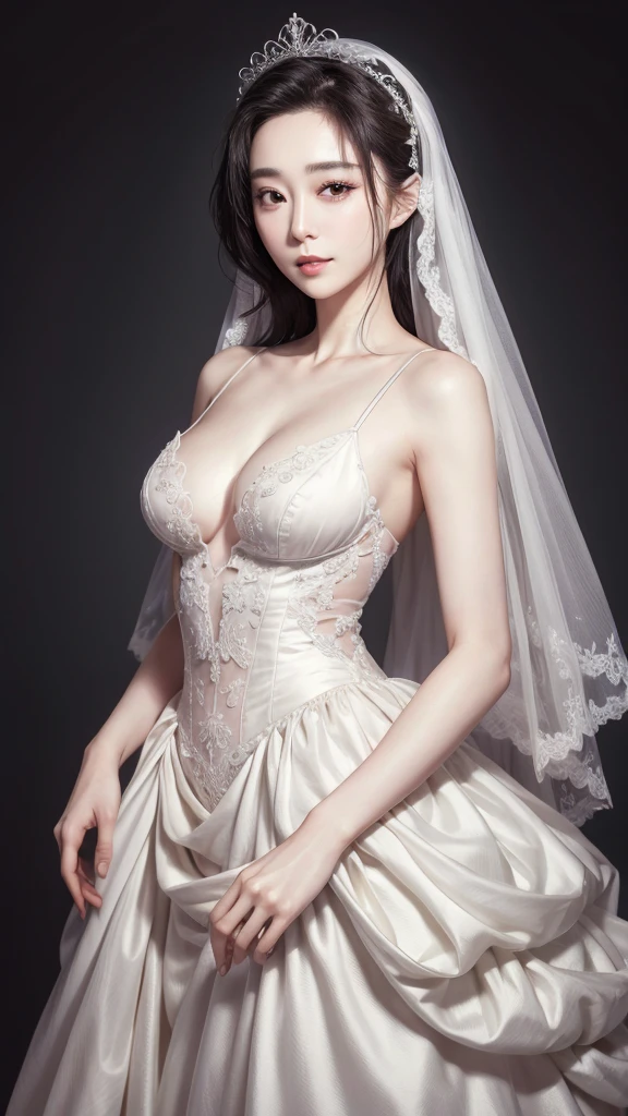 8k, 1 woman in wedding dress, small breasts, face, Looking at the viewer, 카메라 face, Simple background, Clear picture quality, Anatomically perfect proportions