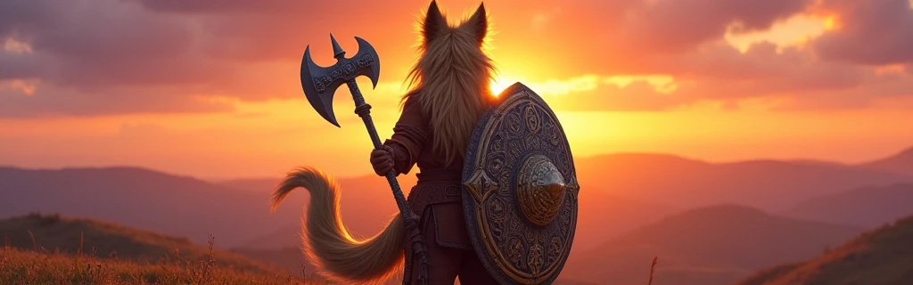 Light-haired Vulpera with small Axe and very large Shield with Epic Horizon in the background