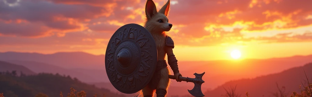 Light-haired Vulpera with small Axe and very large Shield with Epic Horizon in the background
