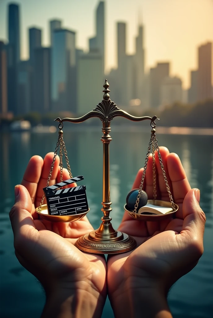 pair of hands holding a scale of justice, where each pan of the scale contains cultural symbols, such as a movie clapperboard, a microphone, an open book and a cell phone. In the background, there could be silhouettes of a modern city, representing the consumer society, and subtle icons of money, reflecting commercialization. The contrast between light and shadow can be used to symbolize ethical conflict, highlighting the tension between artistic creation and moral issues.