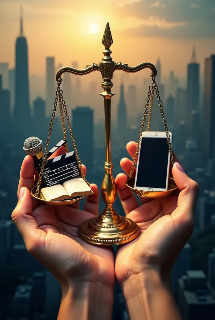 pair of hands holding a scale of justice, where each pan of the scale contains cultural symbols, such as a movie clapperboard, a microphone, an open book and a cell phone. In the background, there could be silhouettes of a modern city, representing the consumer society, and subtle icons of money, reflecting commercialization. The contrast between light and shadow can be used to symbolize ethical conflict, highlighting the tension between artistic creation and moral issues.