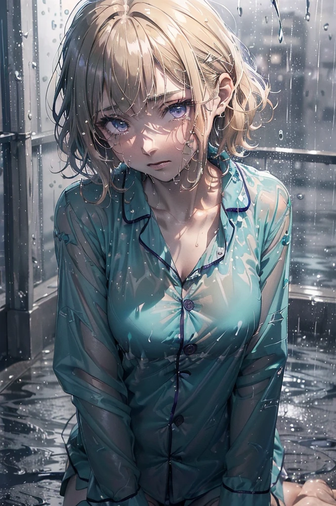 ((Soaking wet pyjama top, bottomless, Designed pyjamas, patterned pyjama, ((Nighttime, very dark image, very little light)), ((gorgeous purple eyes)), Very short hair, ((Highly detailed, extreme detail, amazing art)), raining, heavy rain, dark, midnight, 1girl, soaking wet drenched, wearing nothing but a pyjama shirt, shirt caramel-blonde hair, depressed, soaking wet hair, hair sticking to her face, heavy rain, thunderstorm, teal pyjama top, naked, petit chest, very short hair, buttoned up pyjama top, bare legs, no underwear, very dark night time, black sky, the only source of light is a single amber street light, no light, dark background, miserable, sad, crying, buttoned pyjama shirt, slightly transparent pyjama shirt,