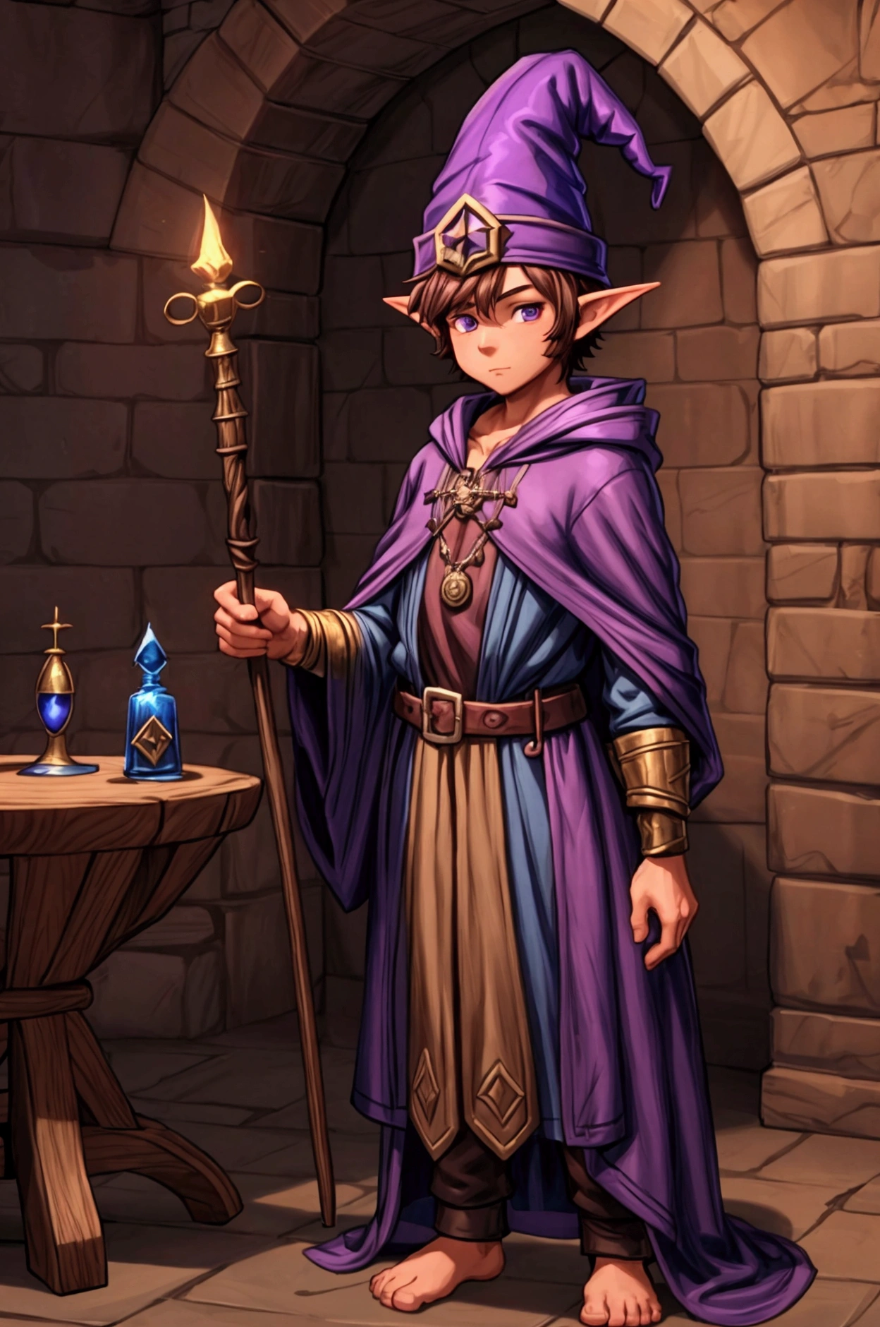 Young Gnome, Male Gnome, Young Sorcerer, Alchemist Sorcerer, alchemist, Brown hair, short hair, sideburns, short stature, pointed hat, Purple Hat, Wizard's Robe, Medieval Tunic, Magic Staff, in a dungeon, alchemy lab dungeon, anime, fancy, 4k, super detail