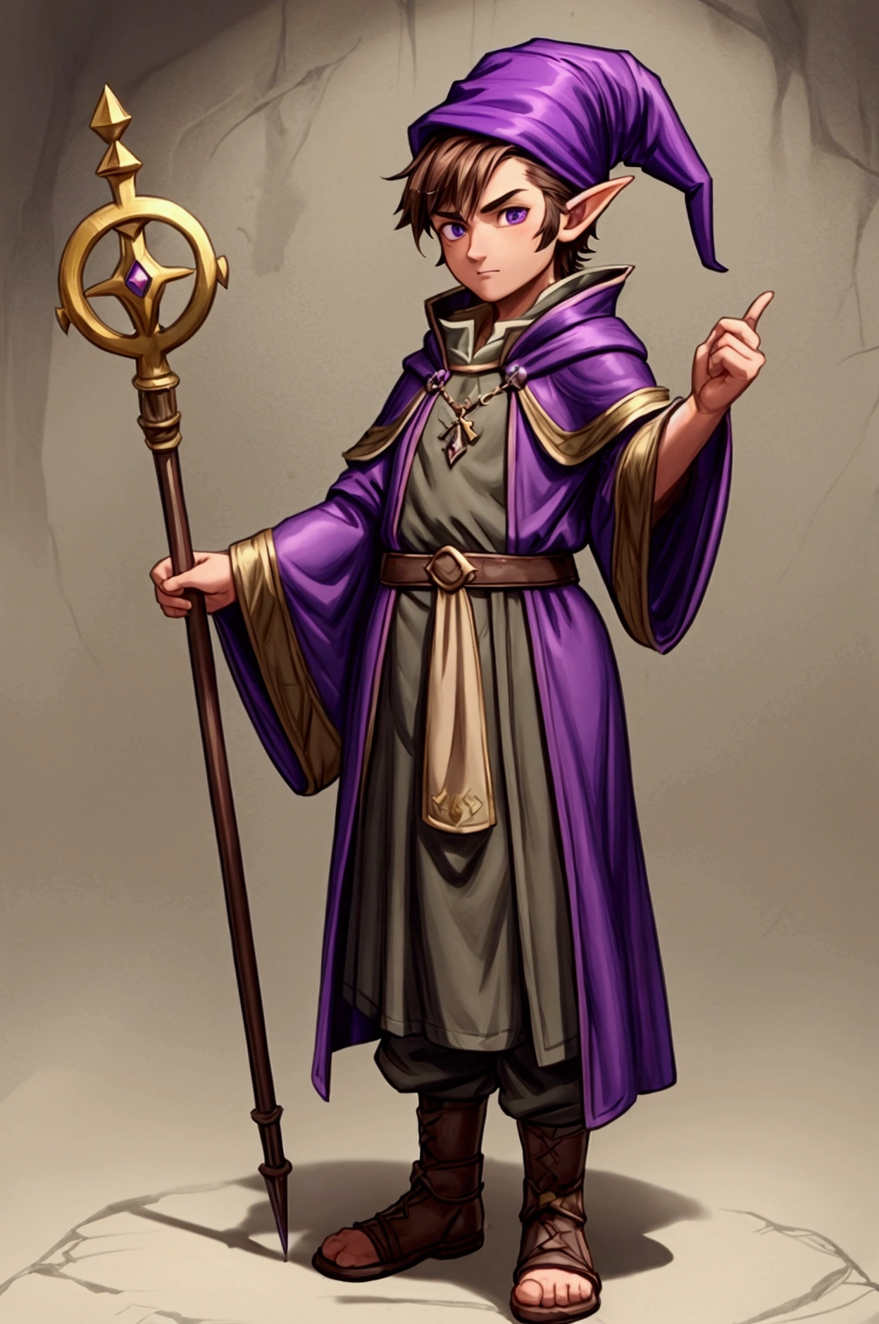 Young Gnome, Male Gnome, Young Sorcerer, Alchemist Sorcerer, alchemist, Brown hair, short hair, sideburns, short stature, pointed hat, Purple Hat, Wizard's Robe, Medieval Tunic, Magic Staff, in a dungeon, alchemy lab dungeon, anime, fancy, 4k, super detail