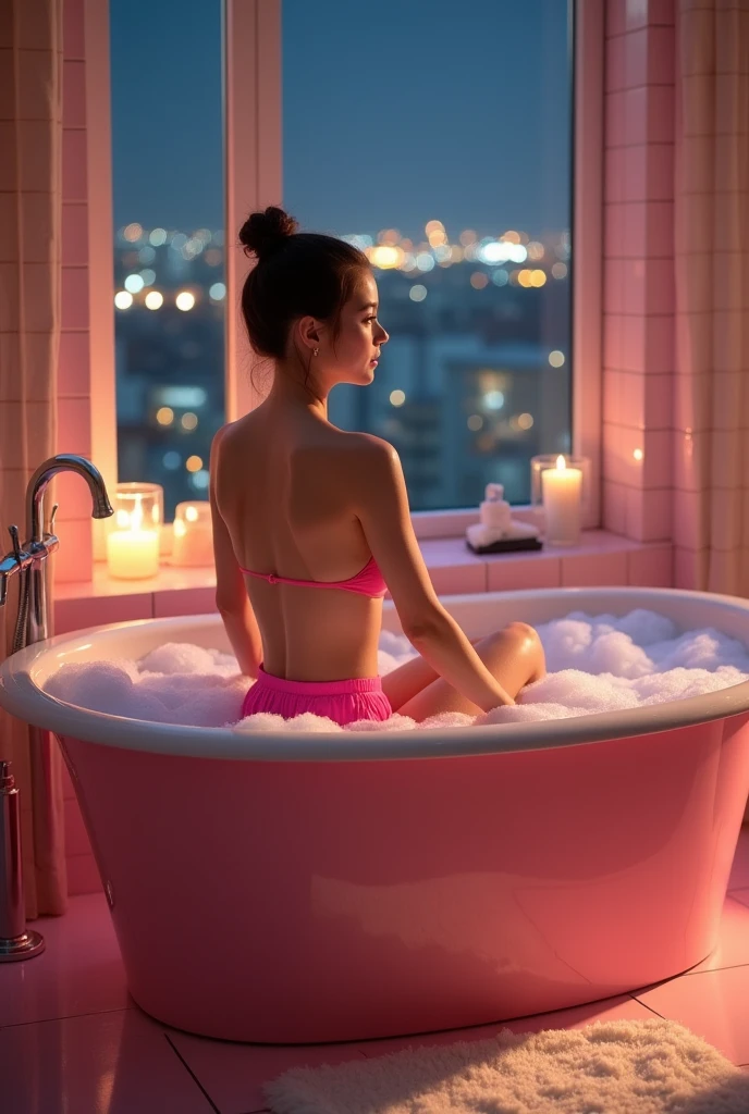 (((best quality))),(((Extremely detailed))),(((masterpiece))),illustration,((1 beautiful girl,Solitary)),(Short Ponytail:1.2),((Slim,Thin)),((Sweat,wet))),Beautiful,Bright Eyes,(A soaking-drenched bright pink miniskirt:1.3),(pink tiled walls and floor:1.2),(permanent:1.3),(a luxurious bathtub:1.2),Rich foam,steam,Warm light,peaceful,romantic,A fluffy rug,Beautiful posture,Sitting in a bathtub full of water,Fascinating presence,luxurious environment,Memento,(indoor:1.3),(Night view:1.3),((front,whole body))