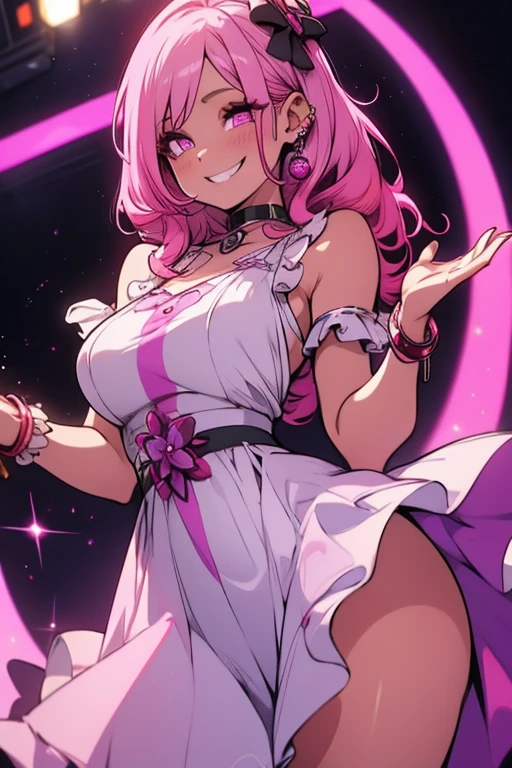 Perfect face. Perfect hands. A pink haired woman with violet eyes and an hourglass figure in a cute dress is smiling on the stage