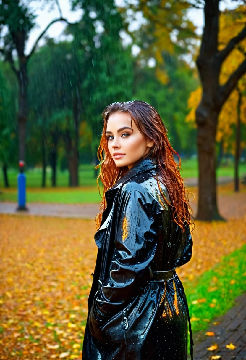 Beautiful girl wet from the rain, in a park while watching the sunset in the distance) in autumn