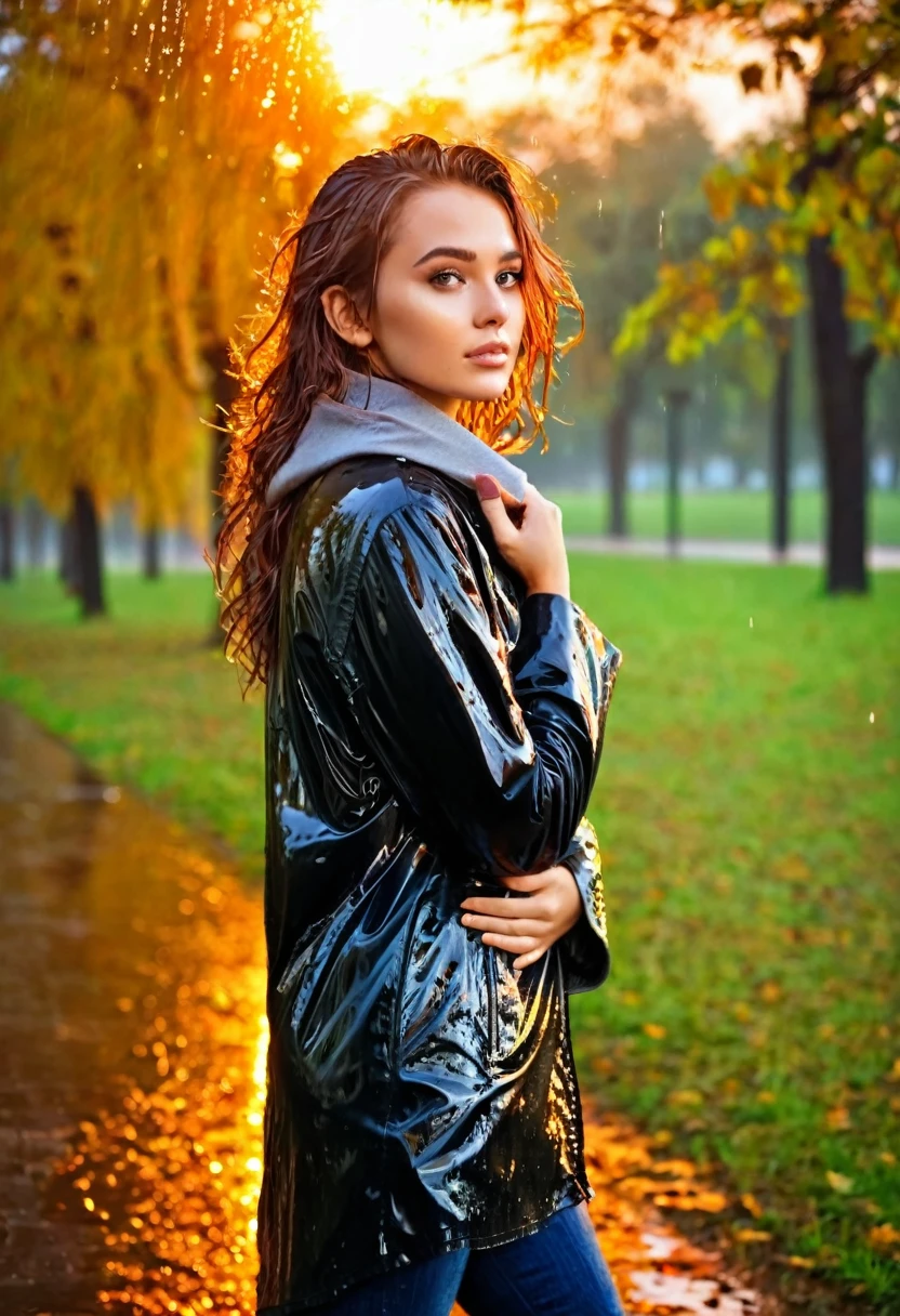 Beautiful girl wet from the rain, in a park while watching the sunset in the distance) in autumn 