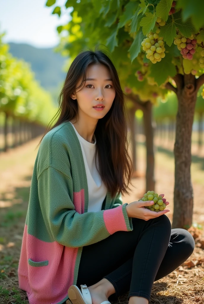 Beautiful white Korean woman with clean, smooth skin wearing a green and pink cardigan with the Mamaskygibs logo, black jeans, sandals, sitting under a grape tree holding grapes with a vineyard background, original photo