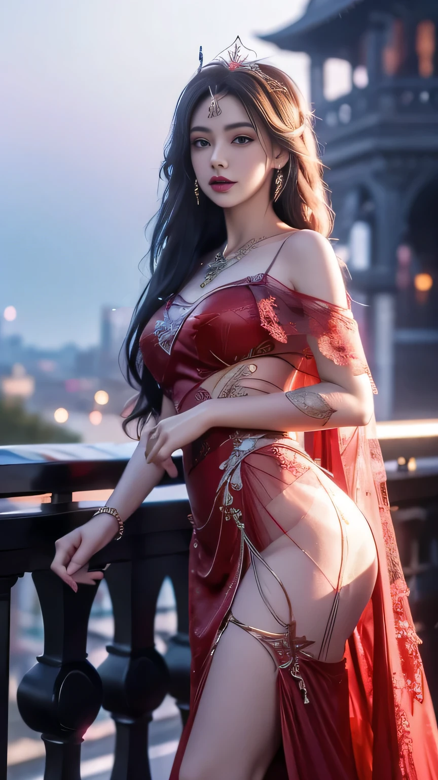 8K, UHD, MAsterpiece, best quality, 1 girl, (realistic face), happy pace, very long hair, small breasts, decorated dress, very beautiful ornaments dress, red color, ((lace)), mesh dress, mesh cape flowing, sardine, loops, ((ornaments)), legendary night balcony, depth of field, cinematic lighting, chromatic aberration, motion blur, glowing light, god rays, ray tracing, reflection light, backlighting, attractive pose, front short,