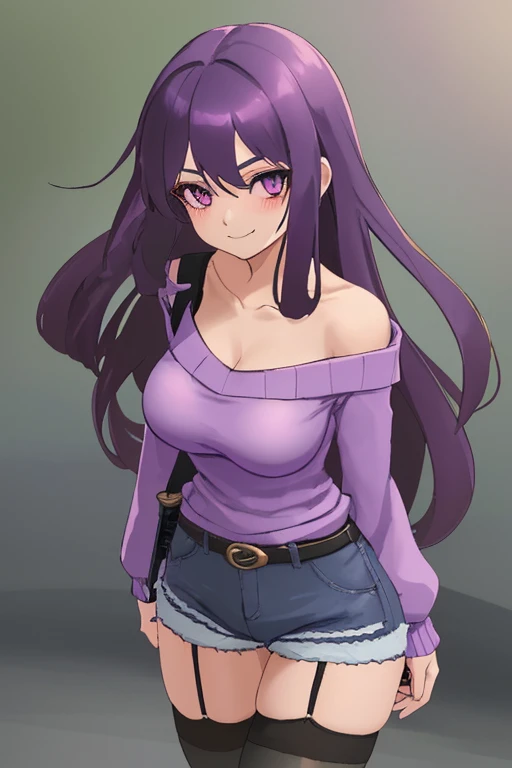 1girl, solo, long hair, breasts, looking at viewer, blush, smile, bangs, large breasts, shirt, thighhighs, long sleeves, holding, closed mouth, purple eyes, collarbone, purple hair, thighs, shorts, black thighhighs, sweater, short shorts, skindentation, garter straps, thigh gap, denim, denim shorts, poke ball, purple shirt, poke ball (basic), holding poke ball, cutoffs, purple sweater,KATANA