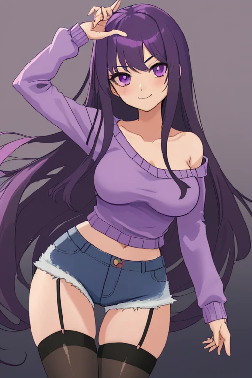 1girl, solo, long hair, breasts, looking at viewer, blush, smile, bangs, large breasts, shirt, thighhighs, long sleeves, holding, closed mouth, purple eyes, collarbone, purple hair, thighs, shorts, black thighhighs, sweater, short shorts, skindentation, garter straps, thigh gap, denim, denim shorts, poke ball, purple shirt, poke ball (basic), holding poke ball, cutoffs, purple sweater,KATANA