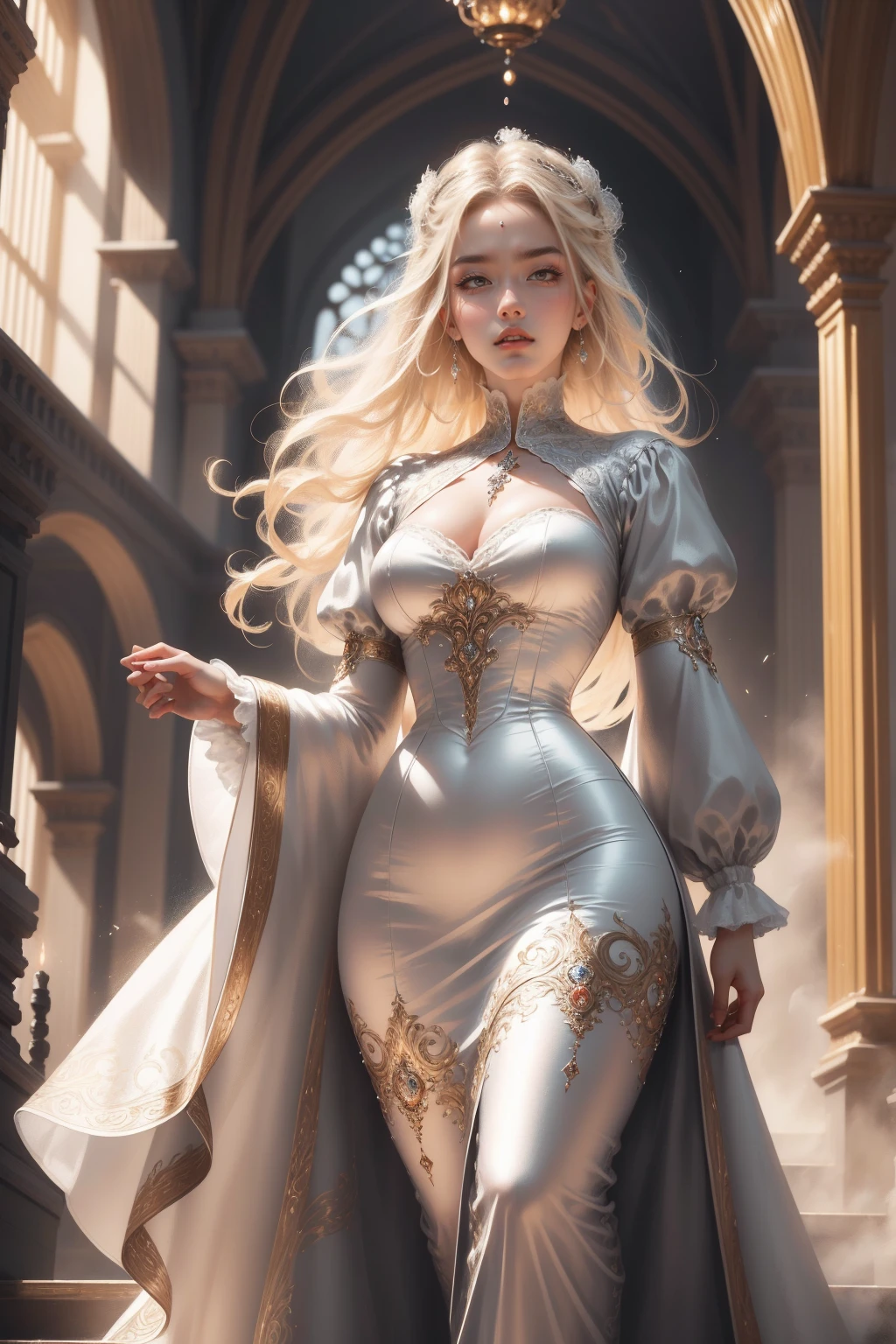 (Masterpiece - Ultra-detailed, very high resolution) Prepare to be enchanted by a true masterpiece that combines ultra-detailed art with high-resolution rendering. This work depicts a mesmerizing woman with very long blond hair (1.3) and captivating gray eyes (1.2), emanating an aura of elegance and mystery in Victorian settings. The intricate details and realistic textures invite you to explore every aspect of this enchanting composition. Woman wearing beautiful classic Victorian costume from the year 1878. Red lips. Happy face. Smiling. white (white) dress. Walking, backwads, looking back, dynamic poses. Get ready to dive into a world where beauty and craftsmanship merge perfectly.