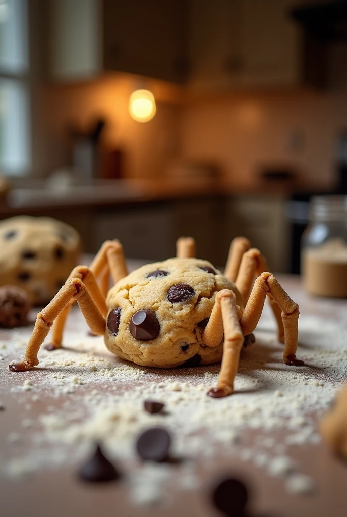 A chocolate chip cookie with spider legs
